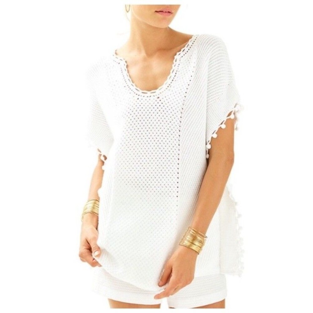 LILLY PULITZER White Keating Knit Crochet Fringe Sweater Poncho Top S